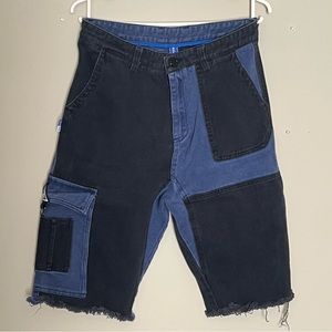 Unisex color matching multi-pocket cotton denim mid-length pants